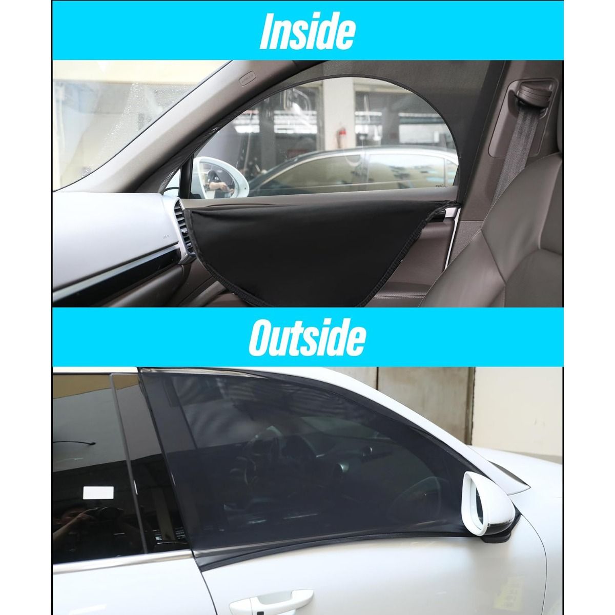 Car sunshade shown from inside and outside a vehicle with 'Inside' and 'Outside' labels.