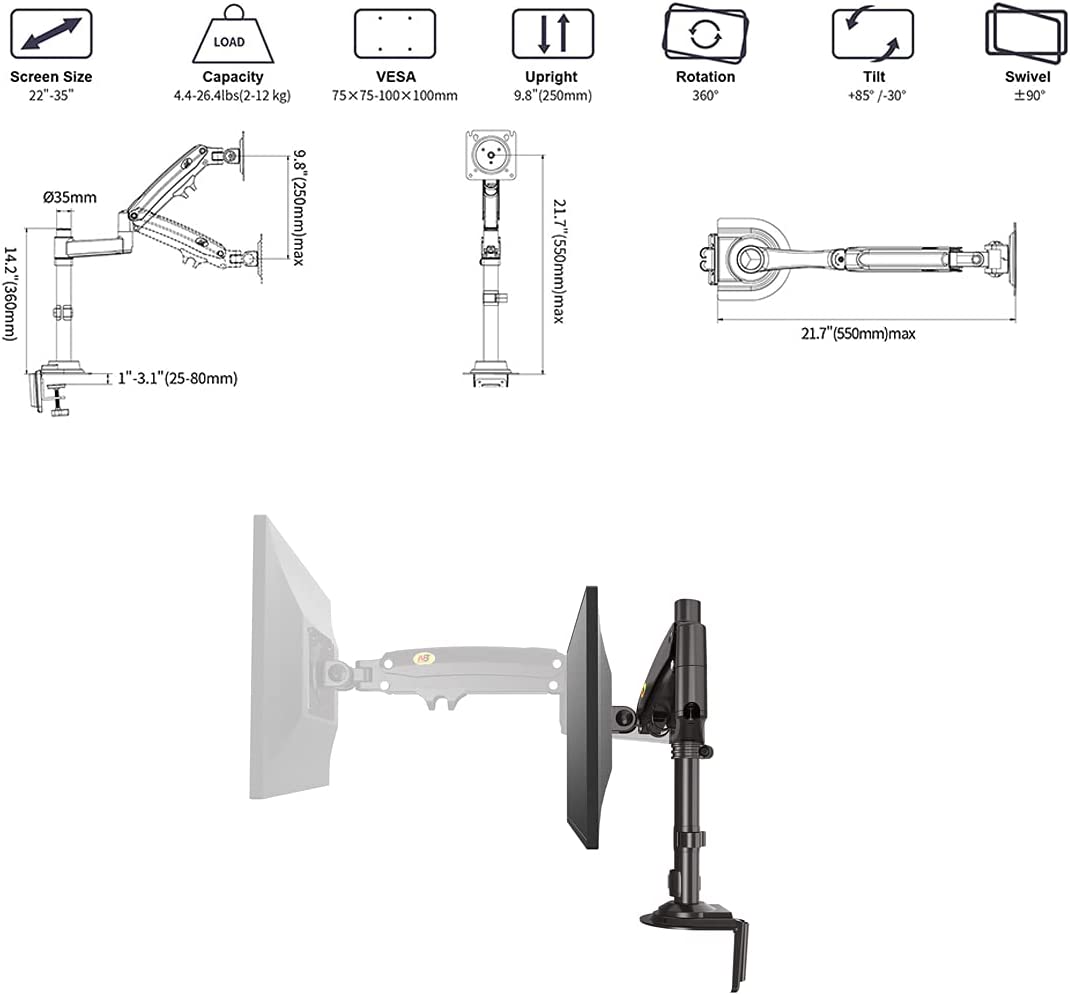 22''- 35'' Monitor Desk Mount Stand Full Motion Swivel Monitor Arm Gas Spring