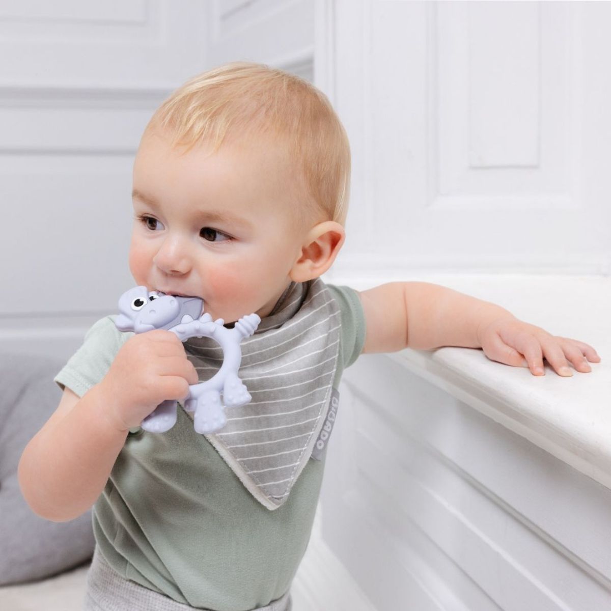 Baby holding his Mist dotty the dino multisensory teether.