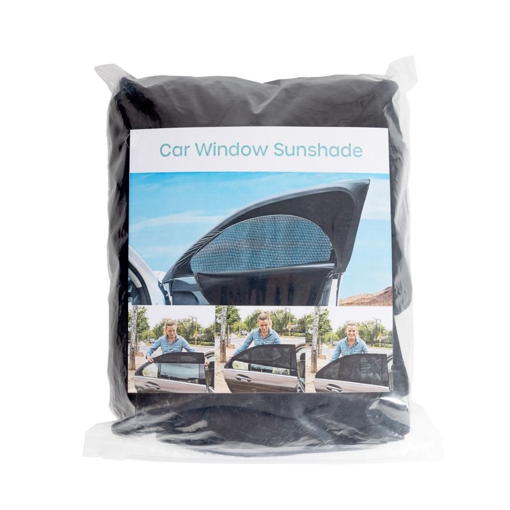 Car window sunshade packaging with images of a car and people using it.