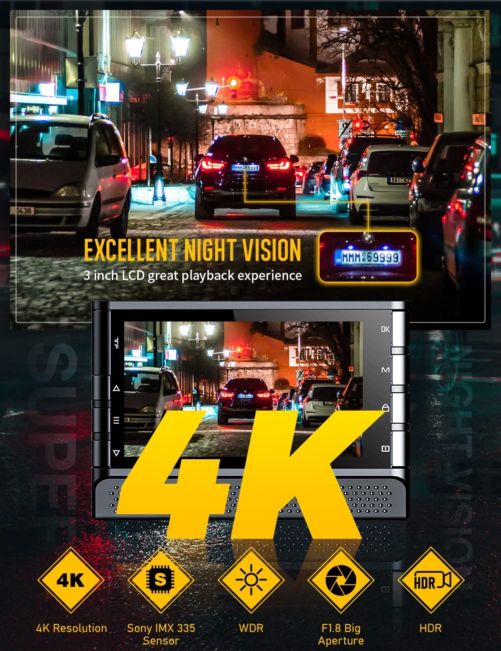 4K Dash Cam Front with WiFi