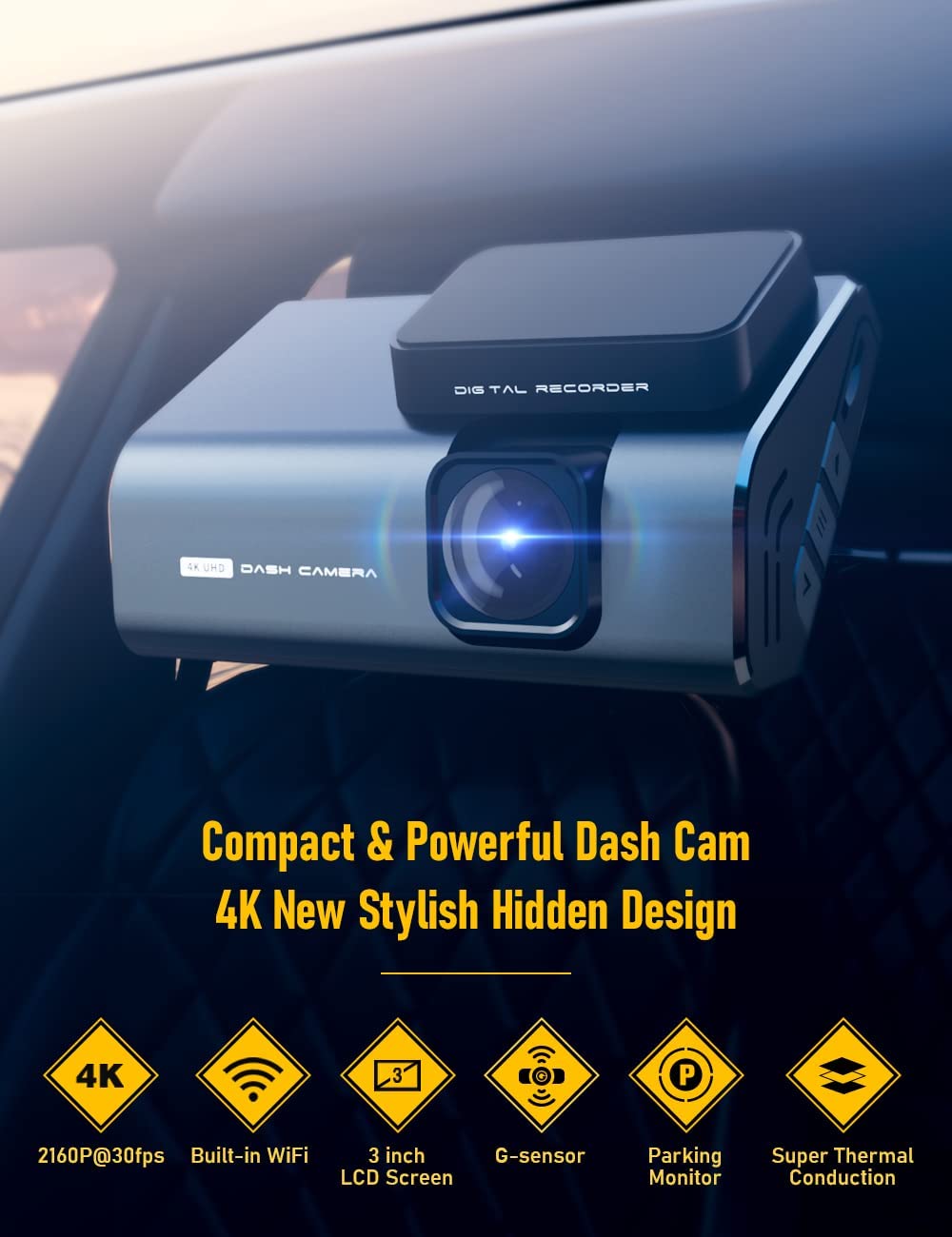 4K Dash Cam Front with WiFi