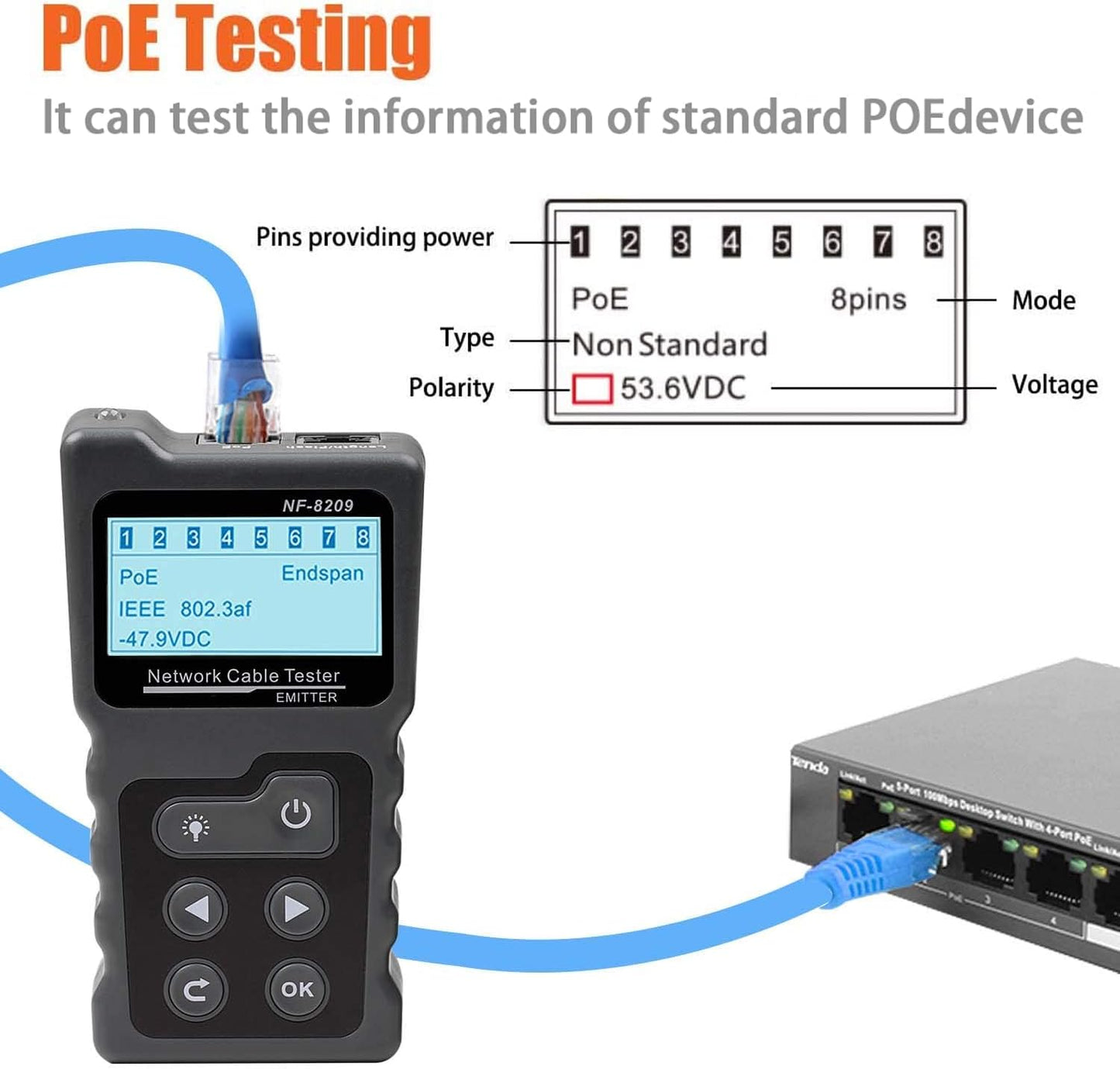 4 in 1 Network Cable Tracker PoE Tester with NCV & Lamp for CAT5e/CAT6/CAT6a