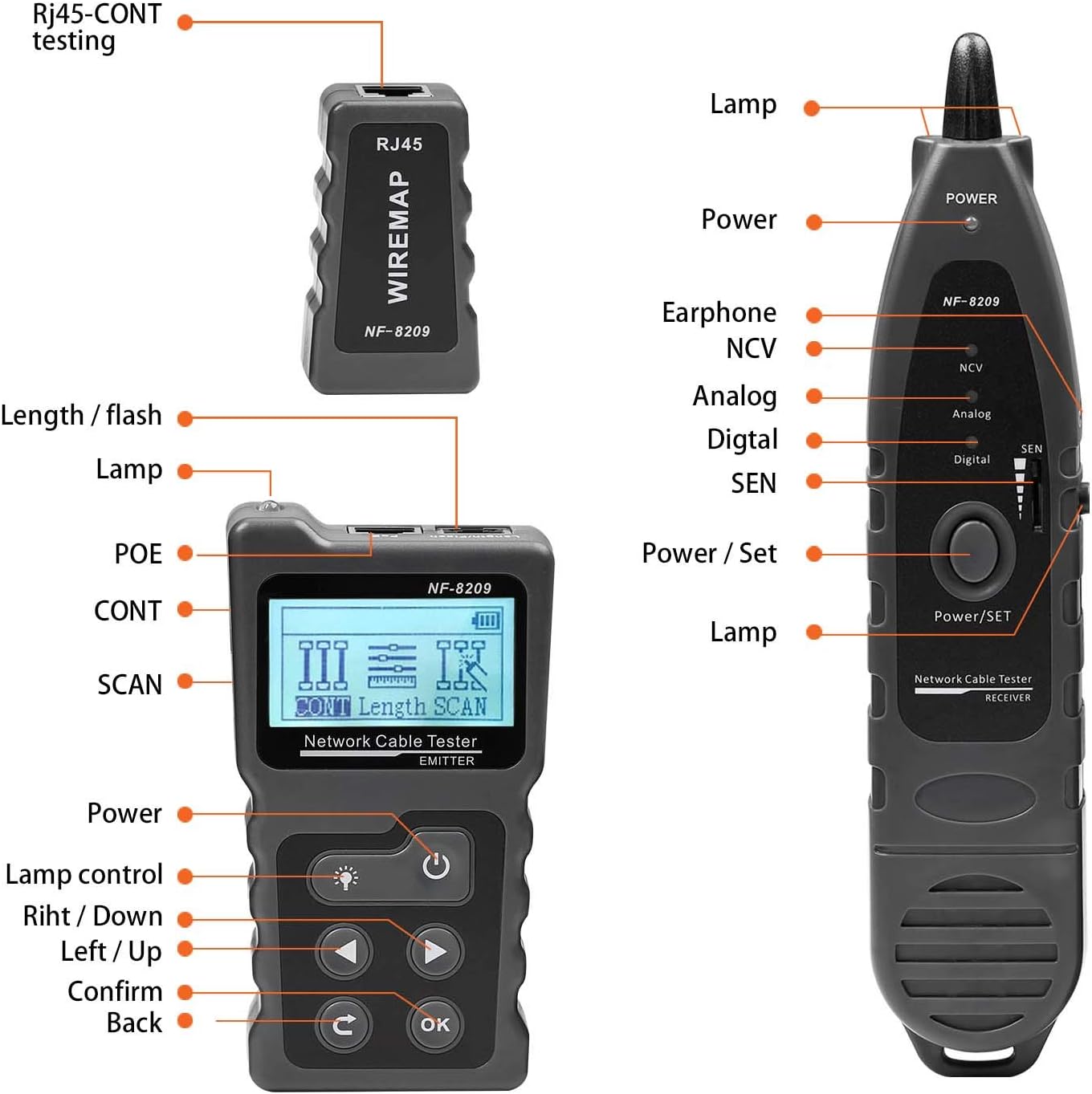 4 in 1 Network Cable Tracker PoE Tester with NCV & Lamp for CAT5e/CAT6/CAT6a