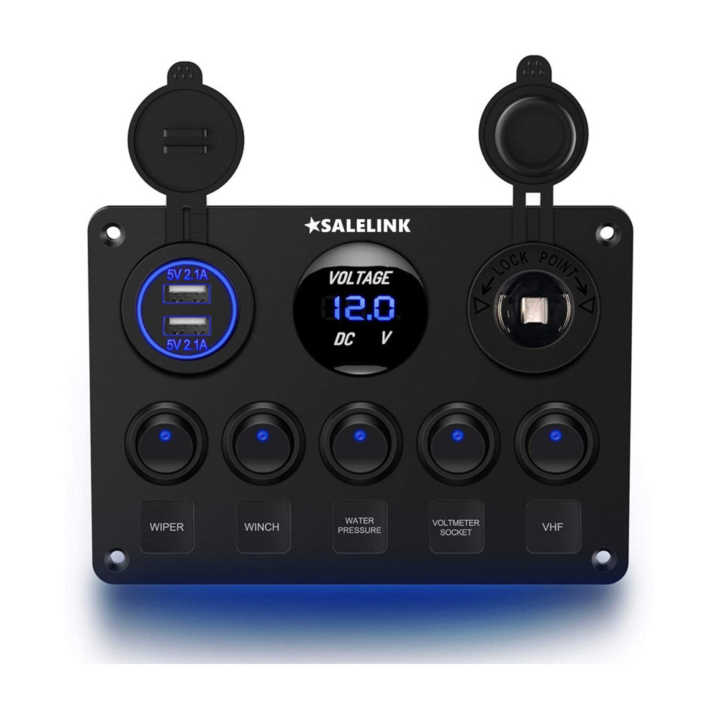 5 Gang ON-OFF Toggle Switch Control Panel 2 USB Charger 12V for Car