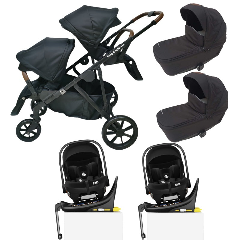 Baby Brightness Luxe Double Pram with Twin Bassinets & i-Size Infant Car Seats