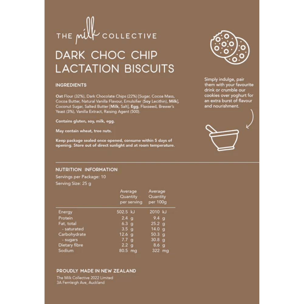 Ingredient list for the Milk Collective Dark Choco Chip Lactation Cookies.