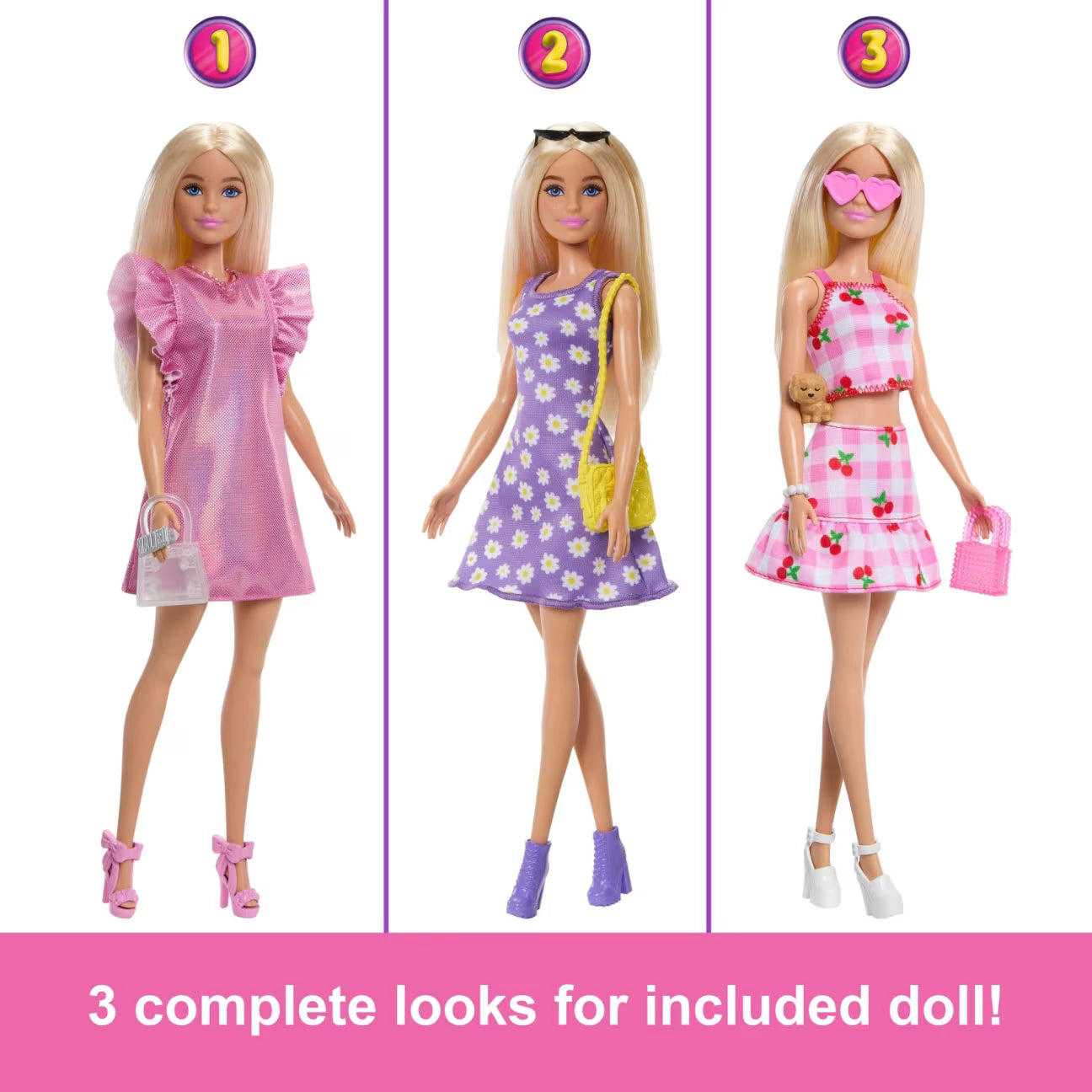 Three dolls with different outfits on a white background, labeled 1, 2, and 3.