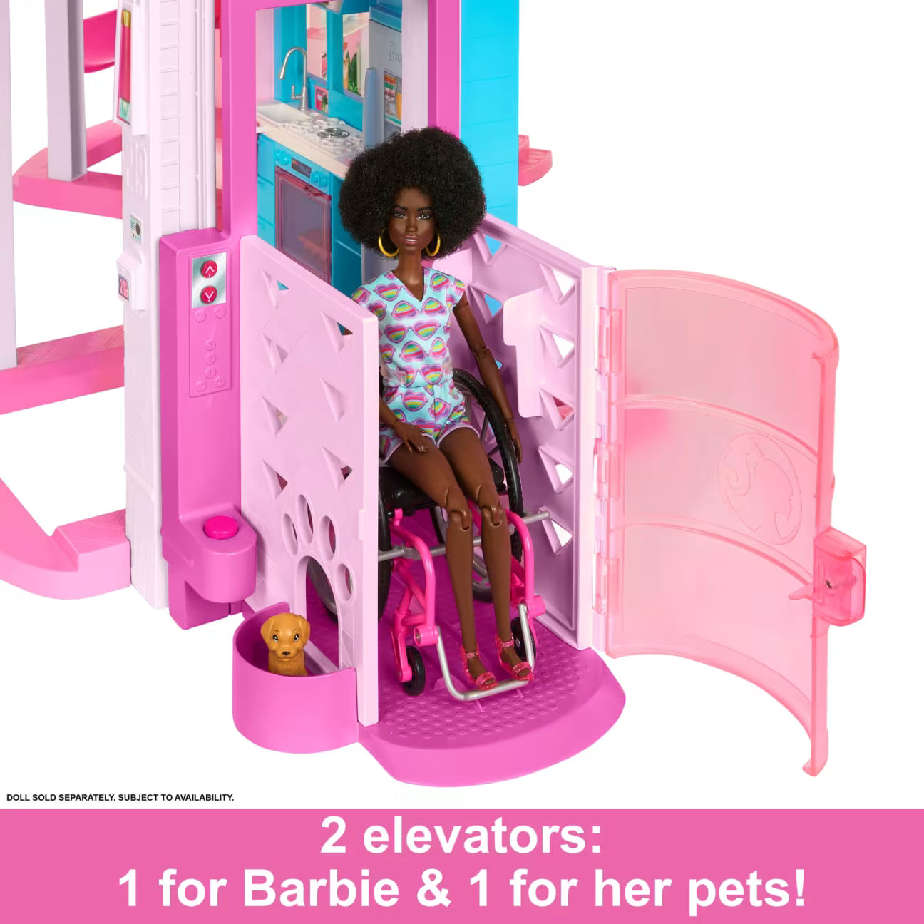 Barbie playset with elevator for Barbie and pets on a white background