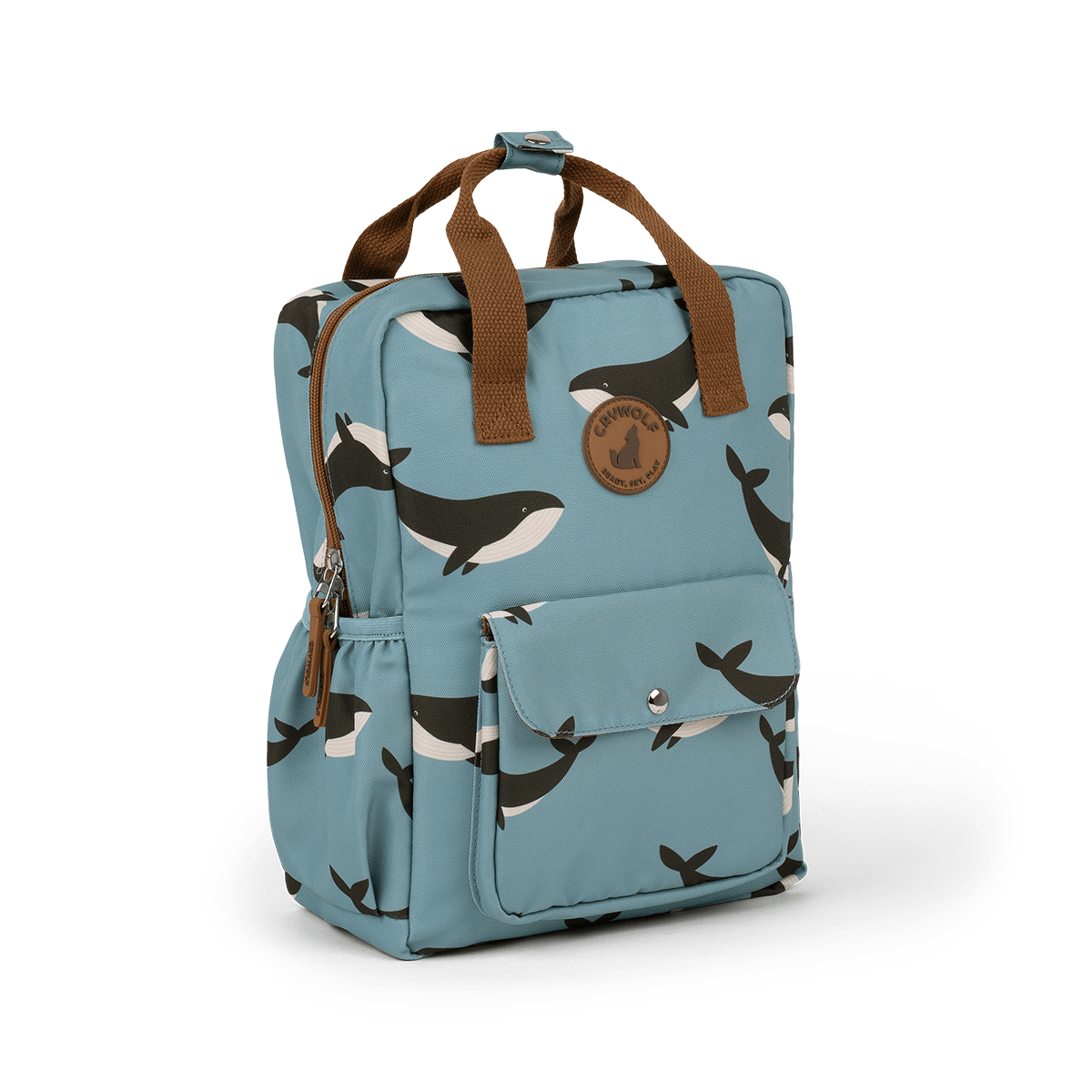 Light blue backack with whales