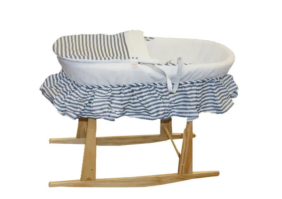 Natural Wicker Flat Moses & Linen Set - White with Blue Striped Skirt (Stand is not included) - Babyonline