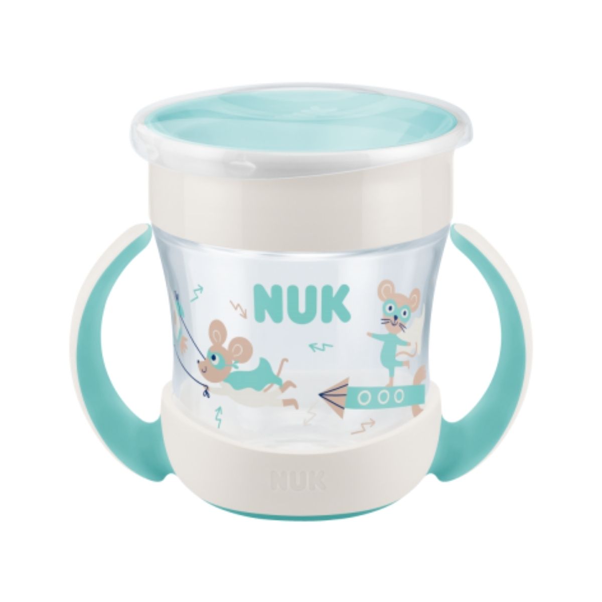 This green NUK Mini Magic Cup has a spill-proof 360° drinking rim, ergonomic handles, and a 160ml capacity, making it perfect for children 6+ months.