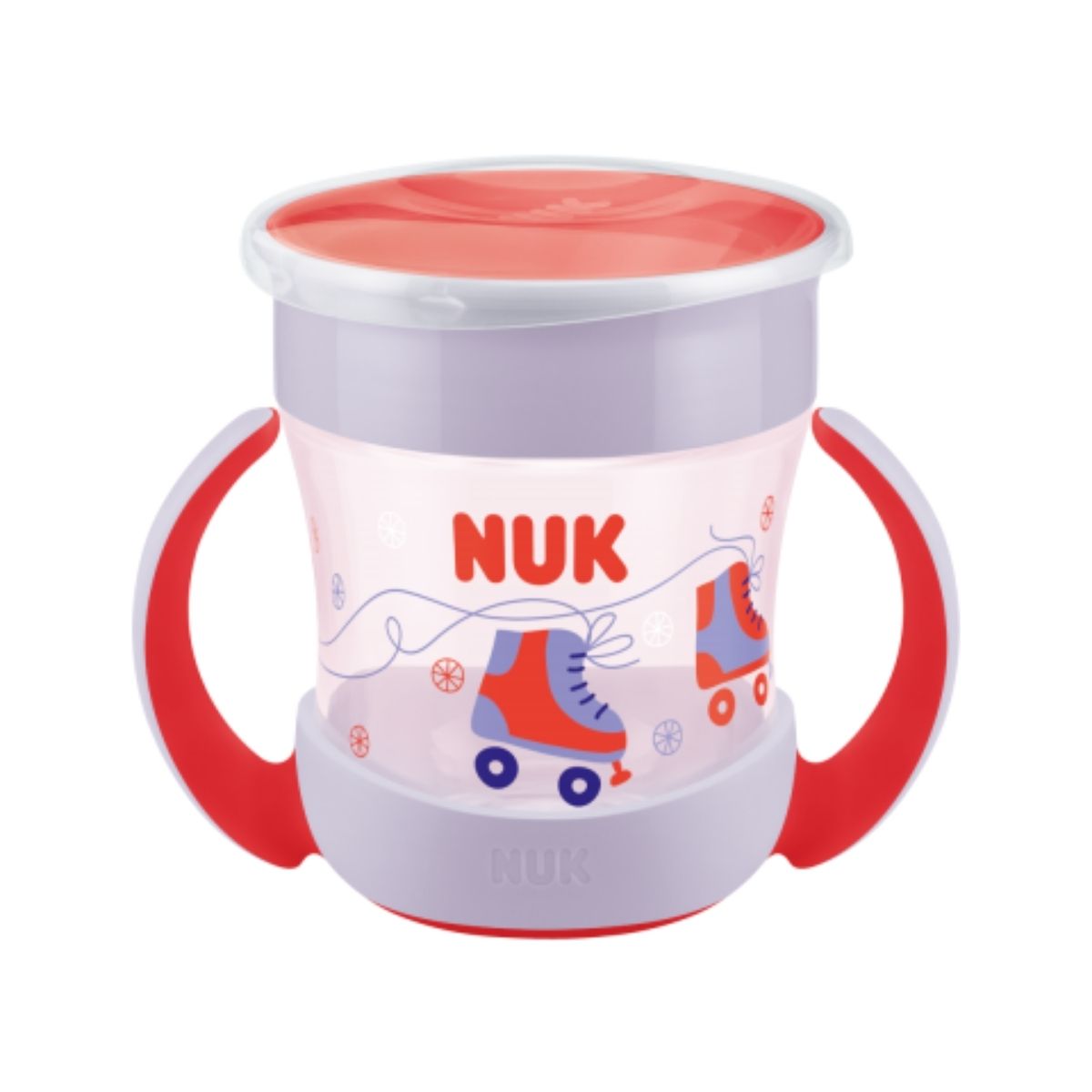 This red NUK Mini Magic Cup has a spill-proof 360° drinking rim, ergonomic handles, and a 160ml capacity, making it perfect for children 6+ months.