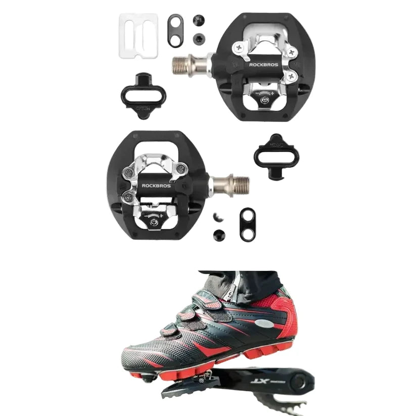 2-in-1 MTB Rockbros Bicycle Lock Pedals, Anti-Slip Flat Platform & Shimano SPD Compatible