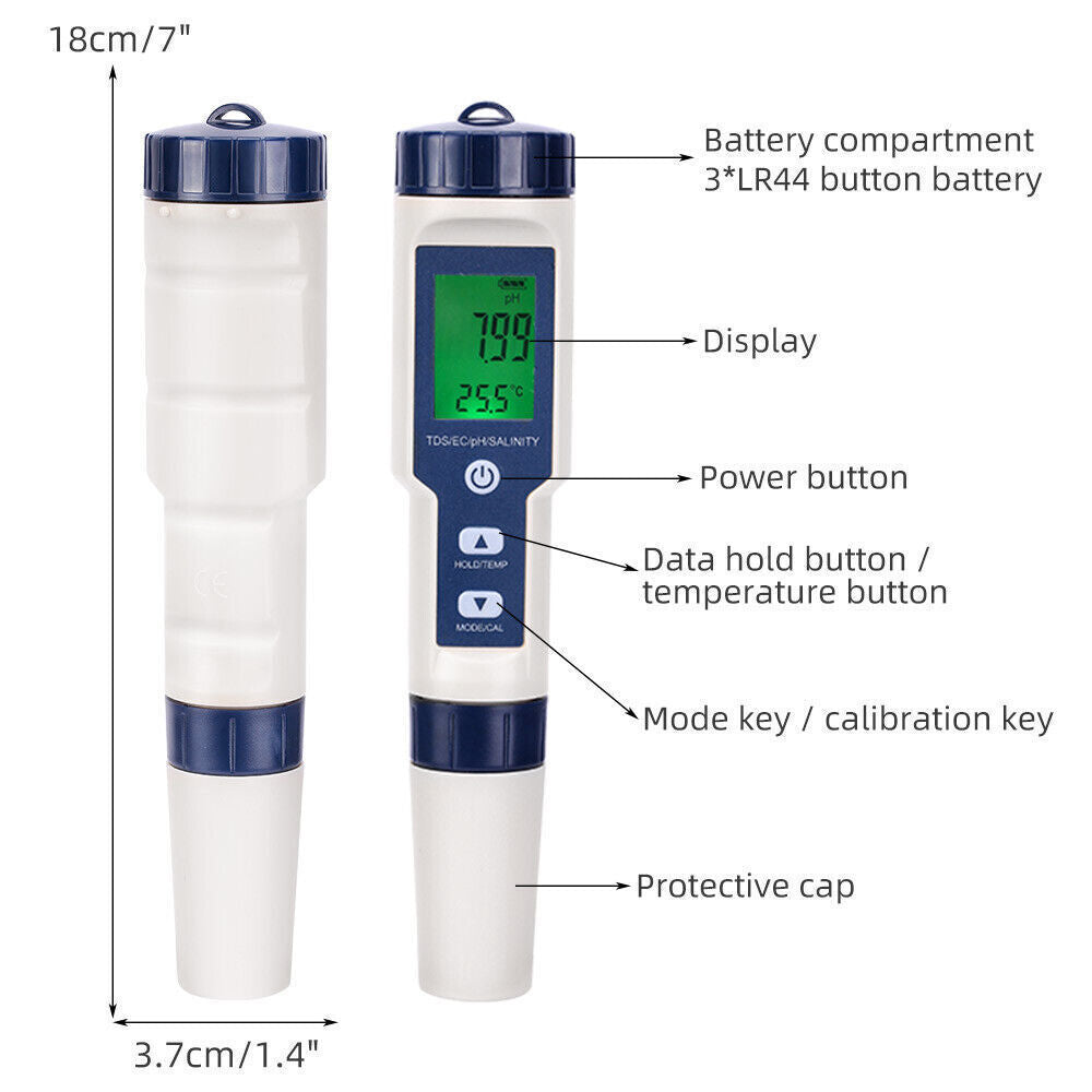 5 in 1 Pen Meter PH EC TDS Salinity Temp LCD Digital Water Quality Monitor Test - salelink.co.nz