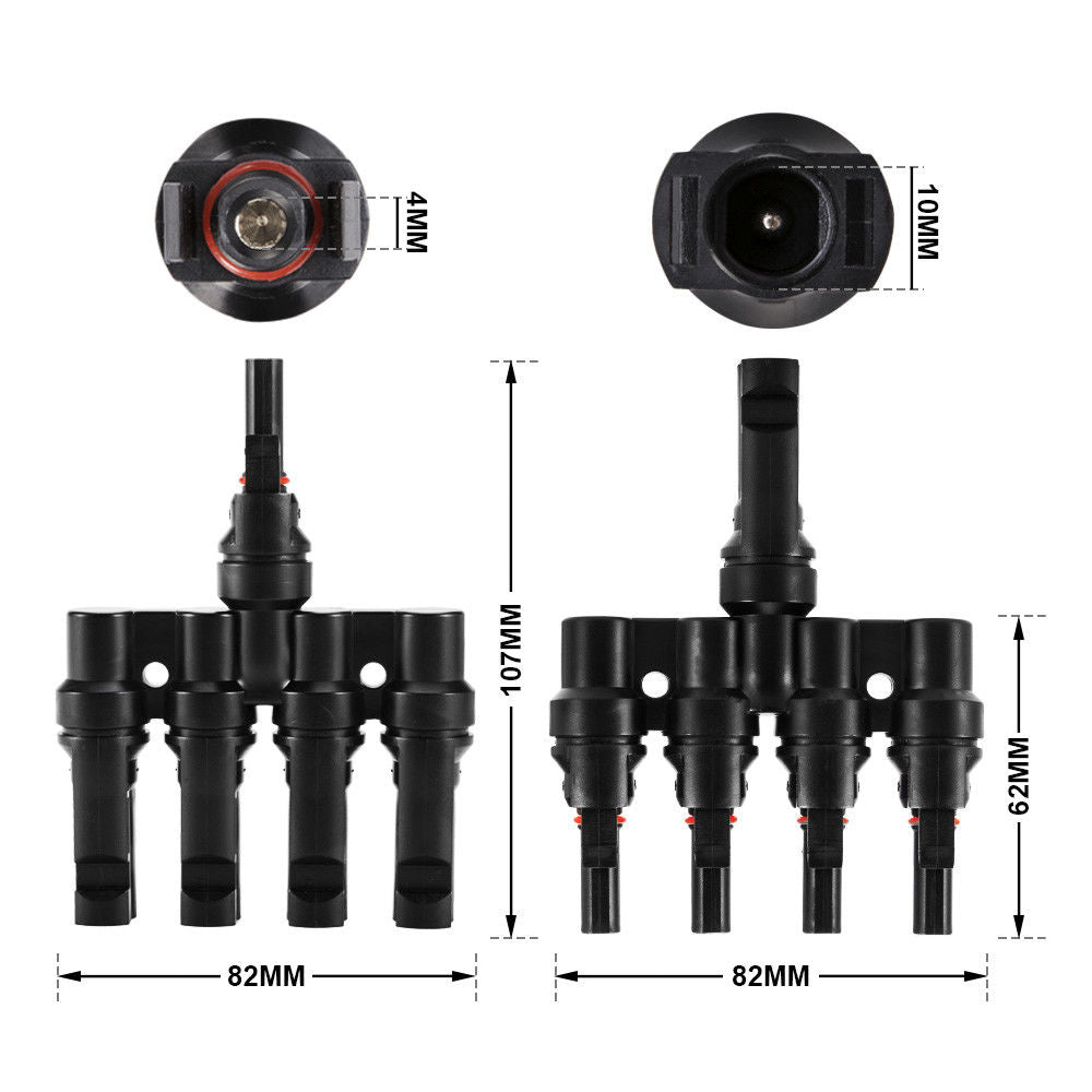 1 Pair MC4 4 to 1 T-Branch M/F Connectors for Solar Panel Cable Combiner IP67 PV