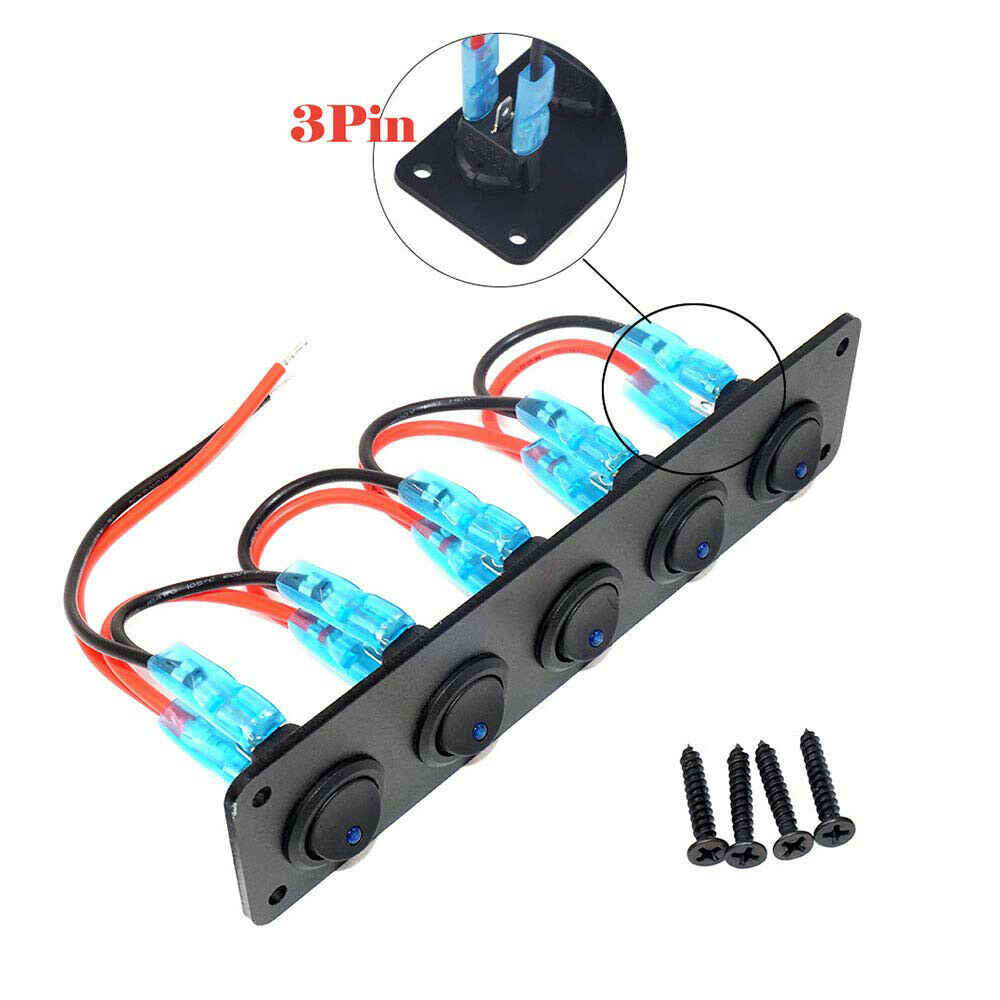 5 Gang Rocker Switch Panel Car Blue LED Circuit Breaker 12V