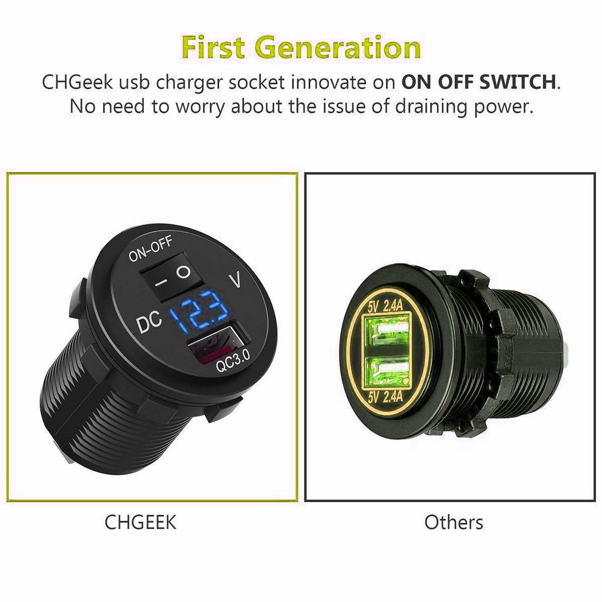 12V/24V QC 3.0 USB Fast Charger Socket Outlet On&Off Switch For Car Motorcycle - salelink.co.nz