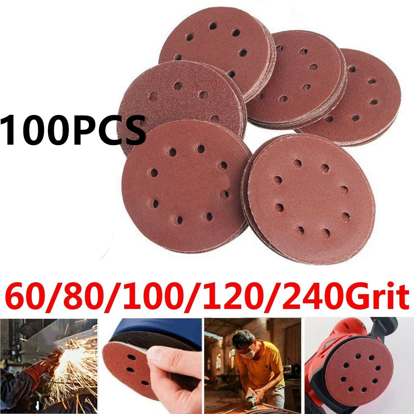 100pcs 125mm 5" Sanding Discs 60 80 100 120 240 Mixed Grit Orbital Sander Pads - salelink.co.nz