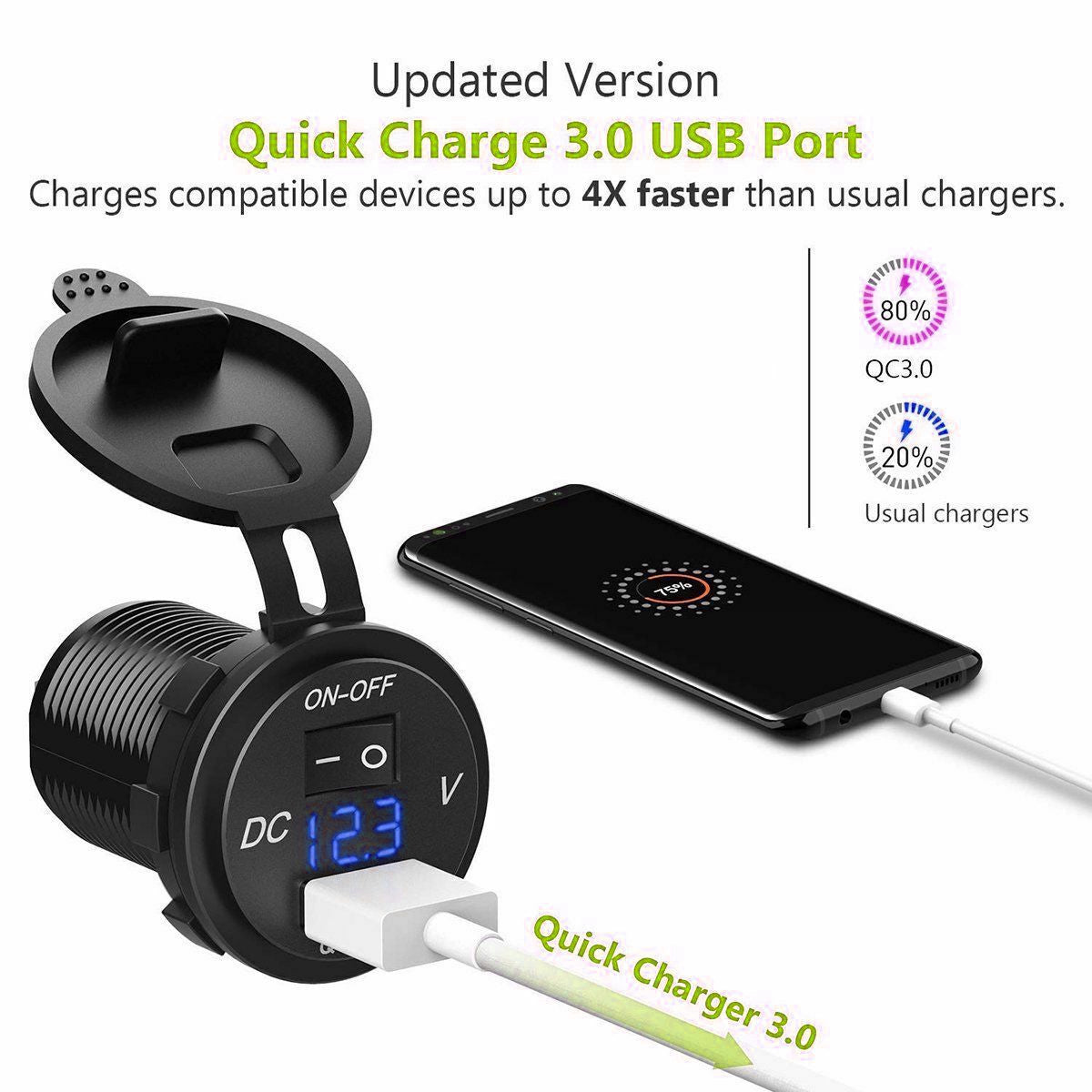12V/24V QC 3.0 USB Fast Charger Socket Outlet On&Off Switch For Car Motorcycle - salelink.co.nz