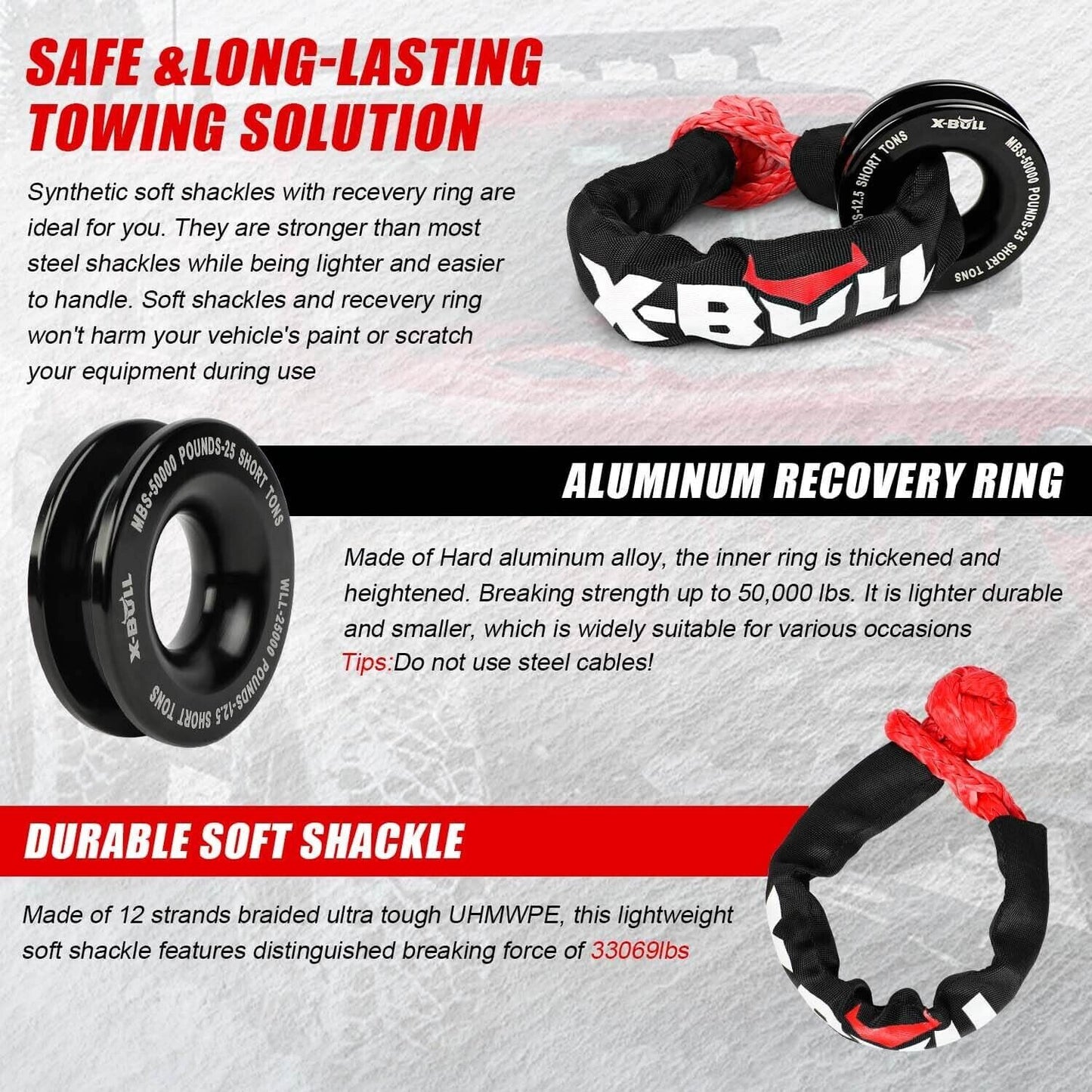 X-BULL Soft Shackle Synthetic Rope Recovery Snatch Ring Block Pulley 35000LBS - salelink.co.nz