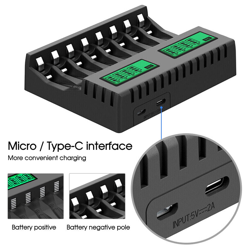 8 Slot Smart Battery Charger for AA/AAA Rechargeable Batteries LCD Display