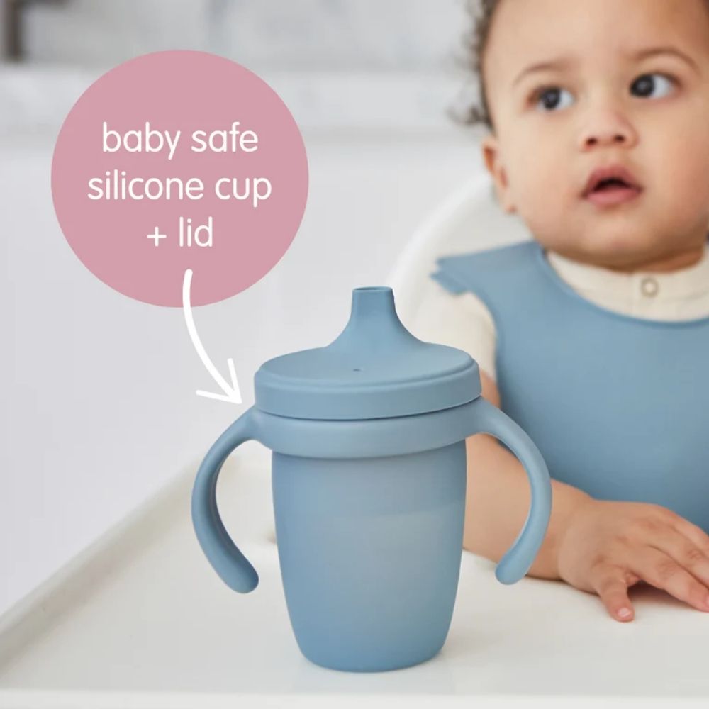 the b.box silicone spout cup is baby safe and is a silicone lid and cup material
