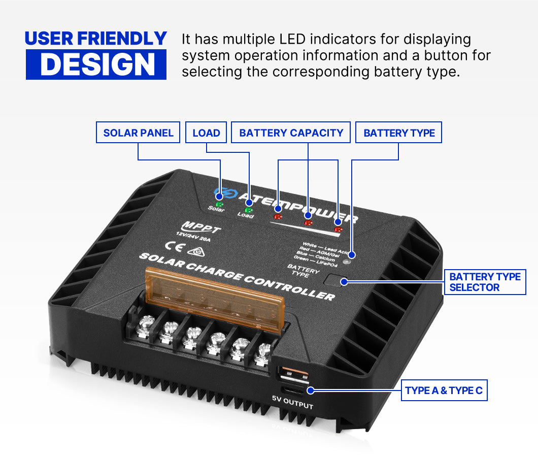 Atem Power 20A MPPT Solar Charge Controller Solar Panel Battery Regulator