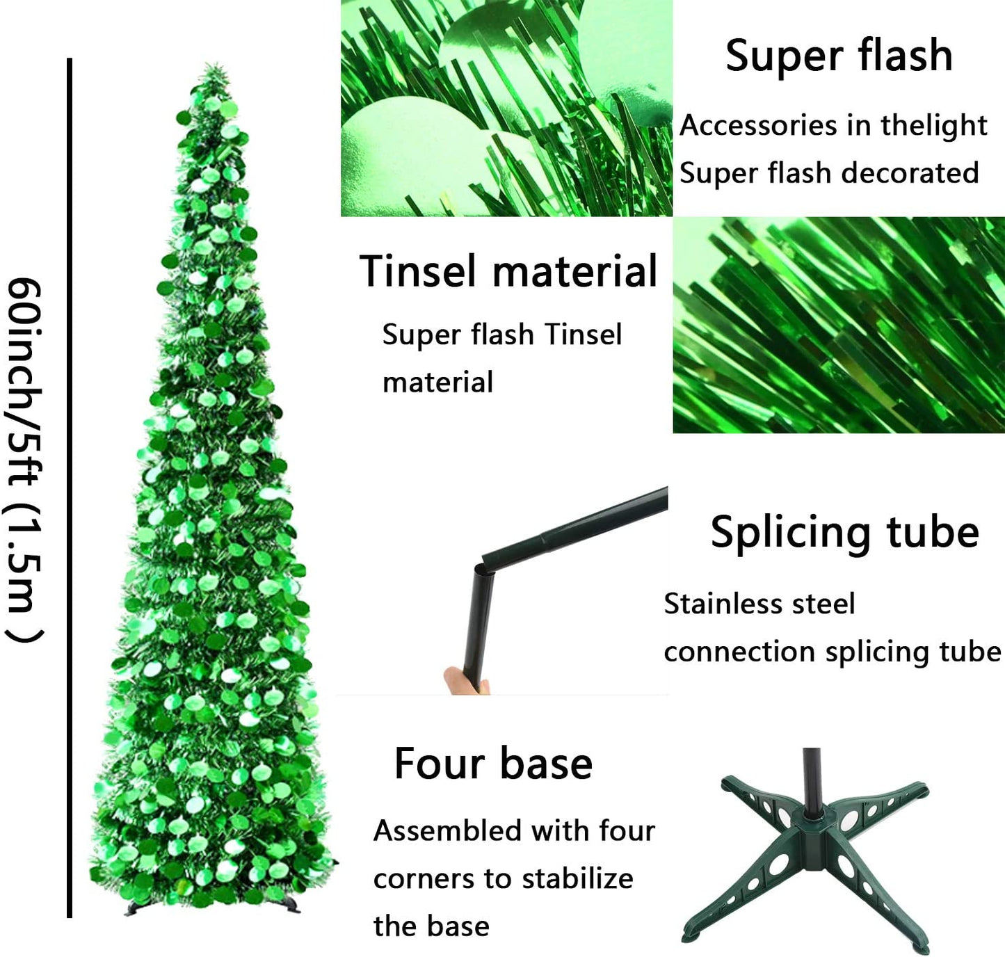 1.5M Collapsible Christmas Tinsel Tree Pop Up Artificial Xmas Tree with Easy Assembly Stand