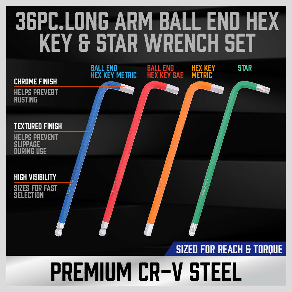 37Pc Hex & Torx Key Set Extra Long Allen Wrench Ball End Tamper Proof Metric/SAE