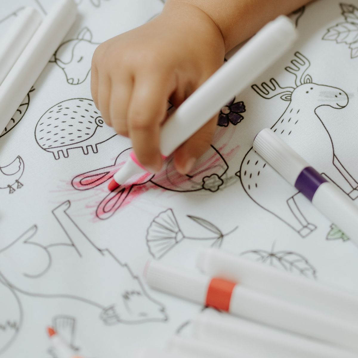 A close-up photo of the woodland wonders tableclothprint.