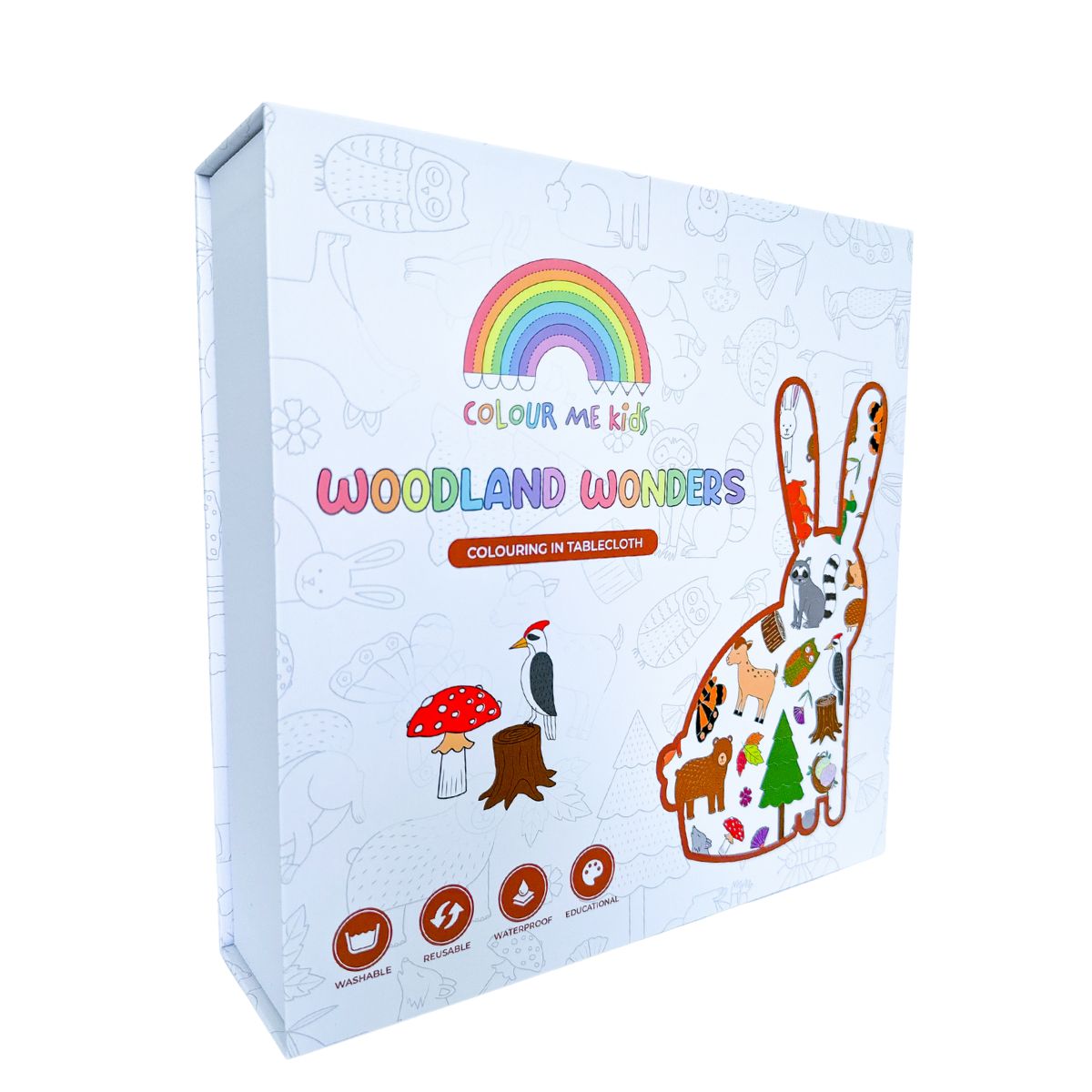 A colouring in tablecloth that can be washed and reused over and over again. Woodlands animals deigns with colouring pens included.