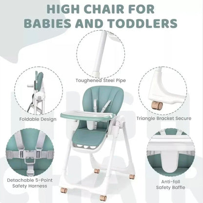 Elevate Adjustable and Folding High Chair with Locking Wheels & Storage Basket - BEIGE
