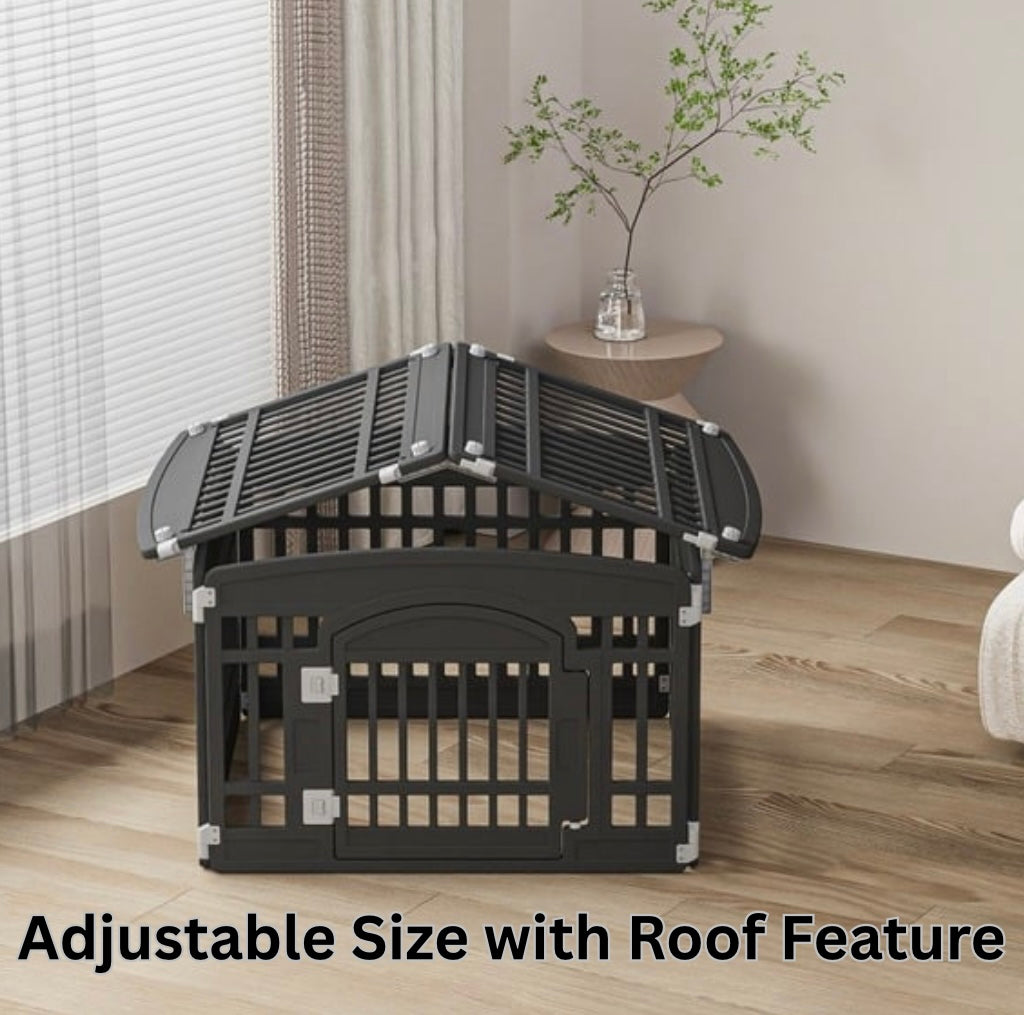 2 in 1 Pet House and Adjustable Play Pen – 6 Panels with Lockable Door & Roof