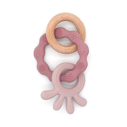 Soft Silicone & Wood Teether Toy – Pink or Green