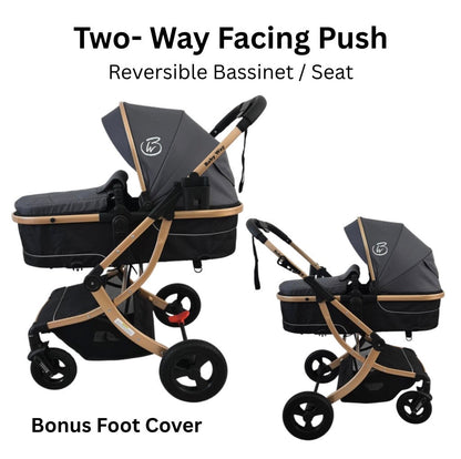 Starla Gold with Grey Colour Pack – 2-in-1 Bassinet to Seat Stroller + Food Tray