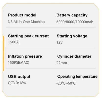 12V 10000mAh Multi-Function Car Jump Starter with Air Compressor & Wireless Power Bank