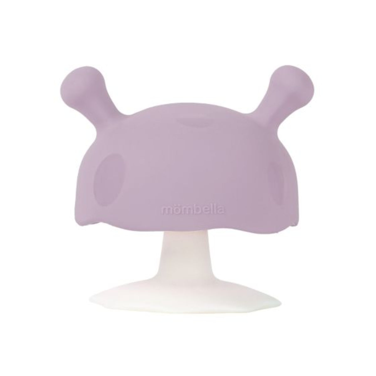 Purple silicone teether on a white background