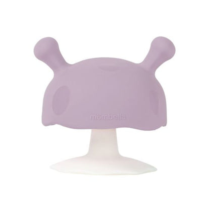 Purple silicone teether on a white background
