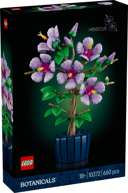 LEGO Botanicals Hibiscus set packaging with purple flowers and green leaves.