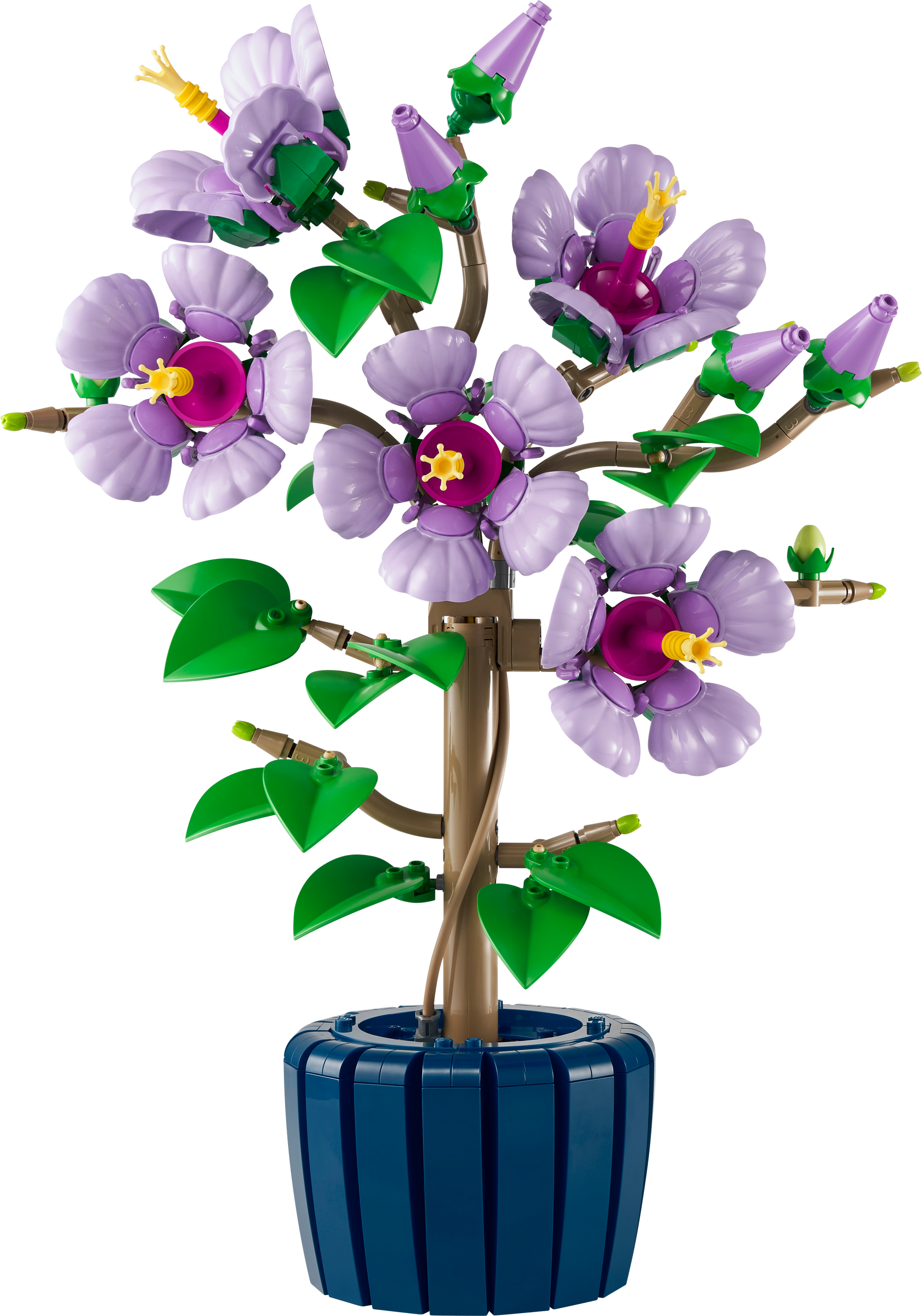 Toy tree with purple flowers and green leaves in a blue pot on a white background