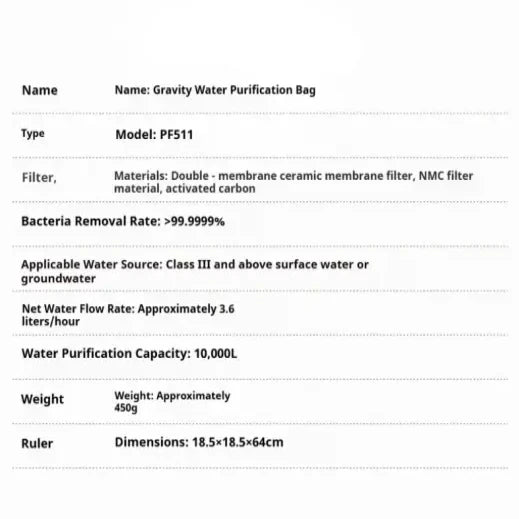 10L Gravity Water Filter Bag with 0.01μm Ultrafiltration