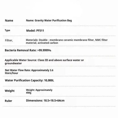 10L Gravity Water Filter Bag with 0.01μm Ultrafiltration