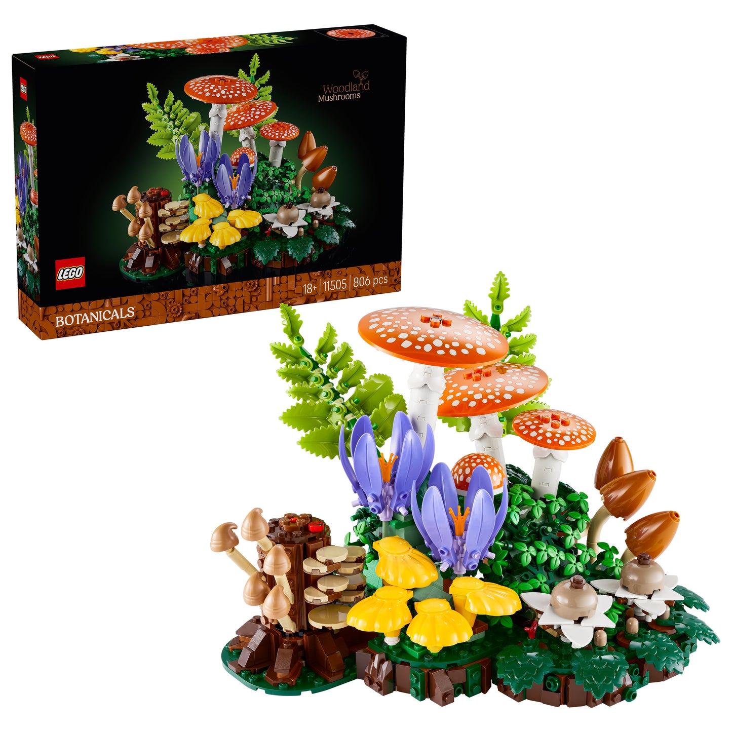 LEGO Botanicals set with mushrooms and plants in front of its packaging