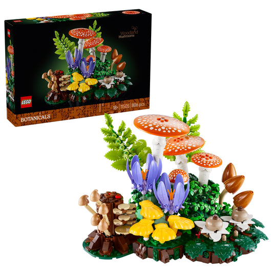 LEGO Botanicals set with mushrooms and plants in front of its packaging