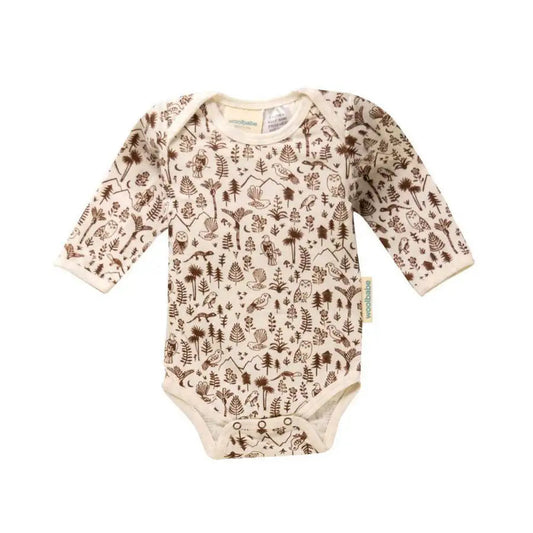 Woolbabe Long Sleeve Bodysuit - Natural Bark Wilderness - Babyonline