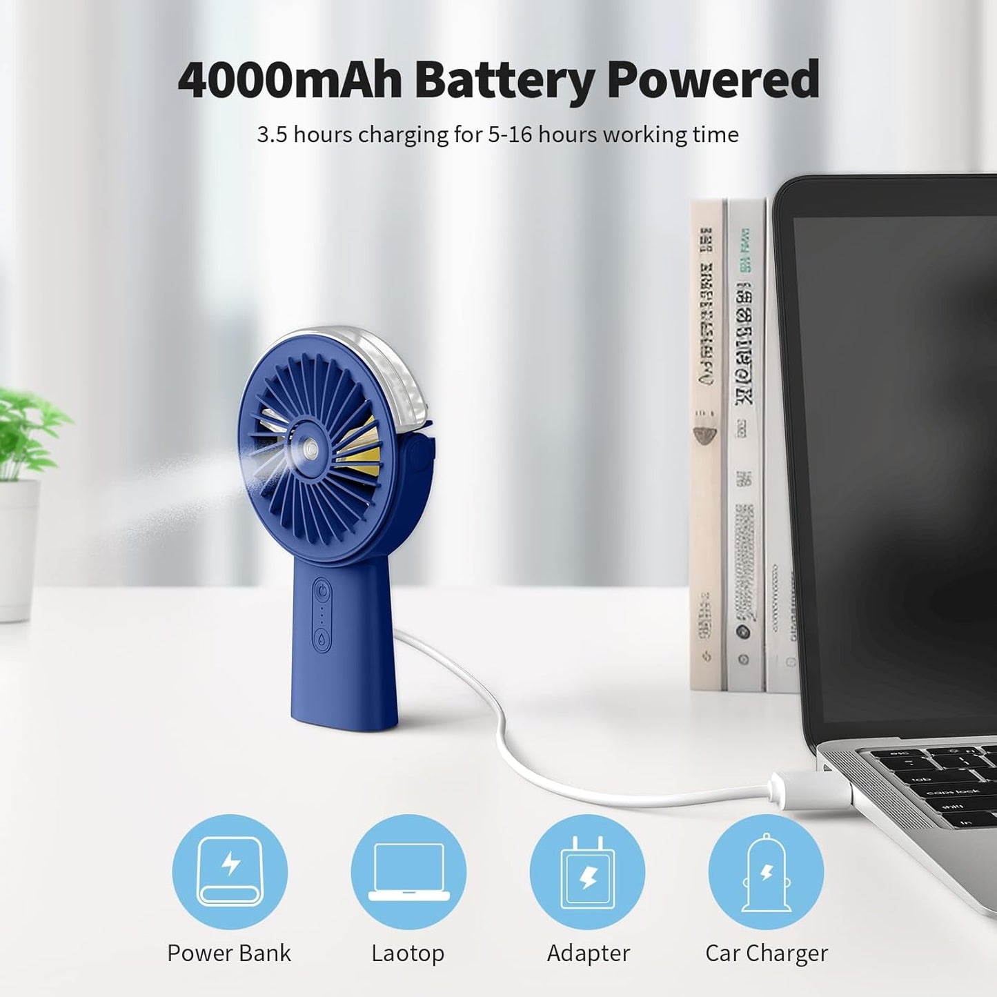 Portable Misting Fan 4000mAh Rechargeable Handheld Fan
