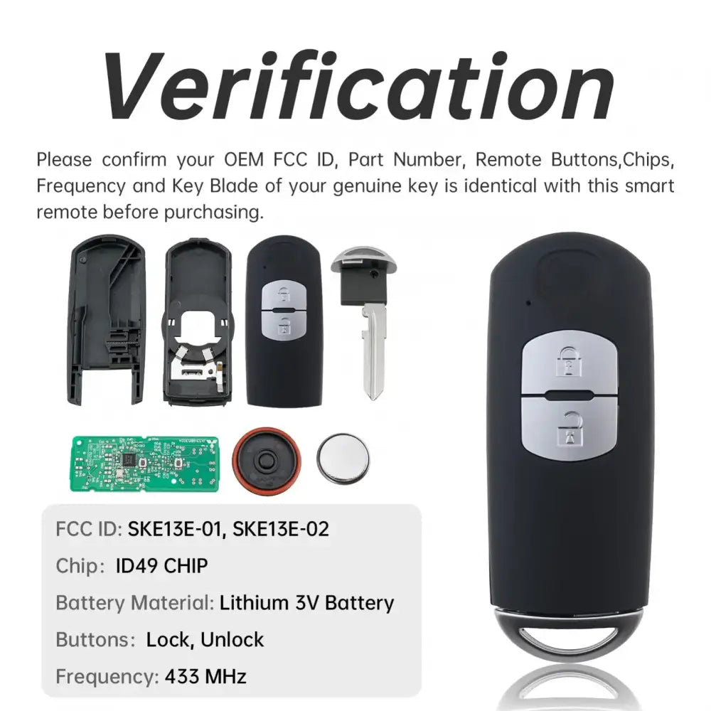 2/3-Button Smart Remote Key Fob 433MHz ID49 for Mazda Axela & Atenza