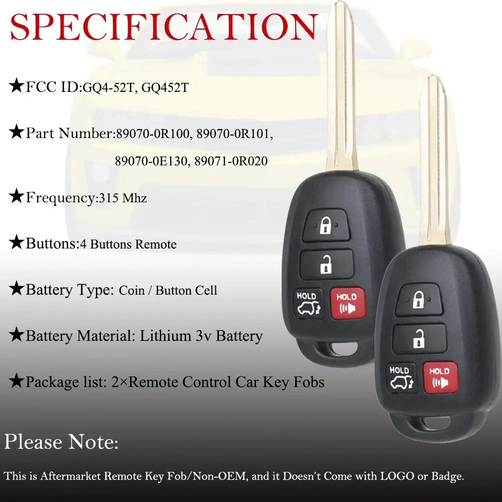 2-Pack Remote Key Fobs H Chip for Toyota RAV4, Highlander & Sequoia (2013–2019)