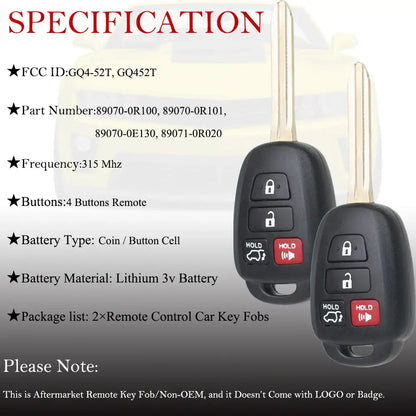 2-Pack Remote Key Fobs H Chip for Toyota RAV4, Highlander & Sequoia (2013–2019)